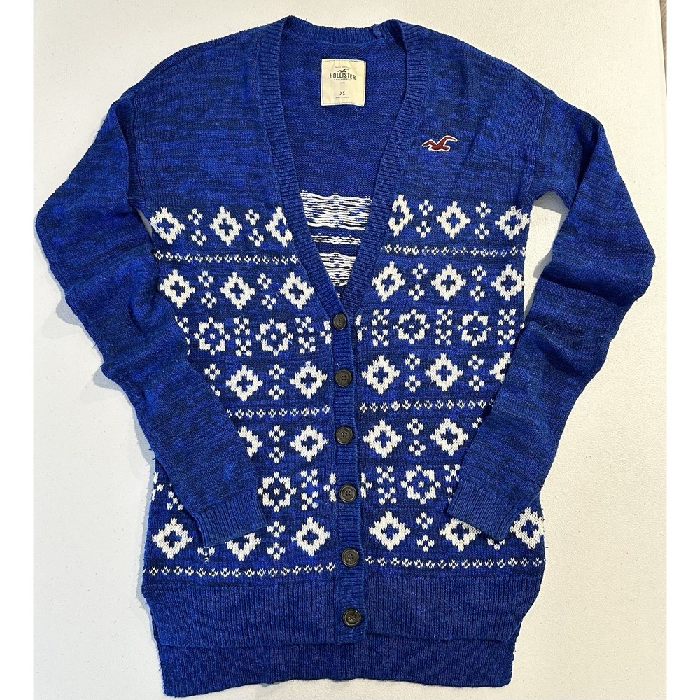 Hollister Women's XS Blue White Fair Isle Cardigan Sweater Button-up Knit‎ Logo